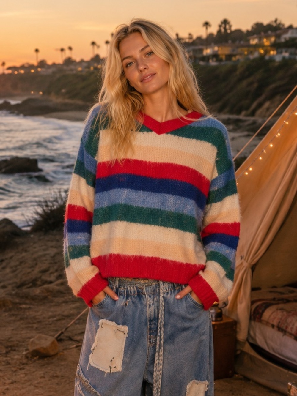 POL “ Malibu Stripes “ V Neck Sweater | Festive Stripes - Picture 2 of 6